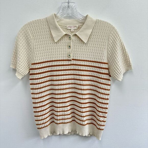 Demylee NY Nastia Top Striped Knit Collared Ivory White 1/4 Button Size XS - Picture 1 of 10